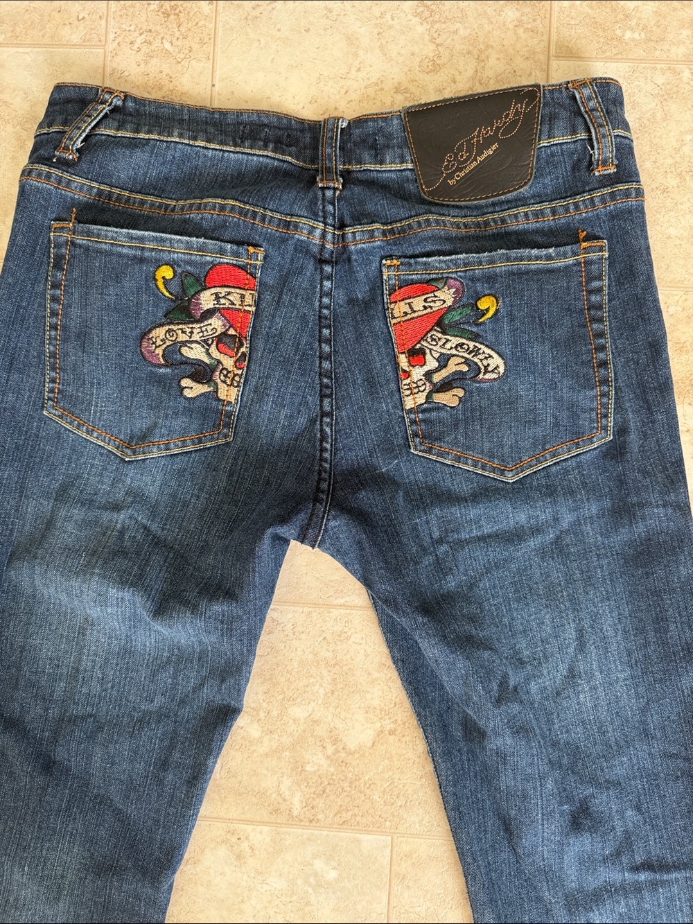 Ed Hardy Vintage Dark Blue Straight-Leg Jeans with Embroidered Back Pockets